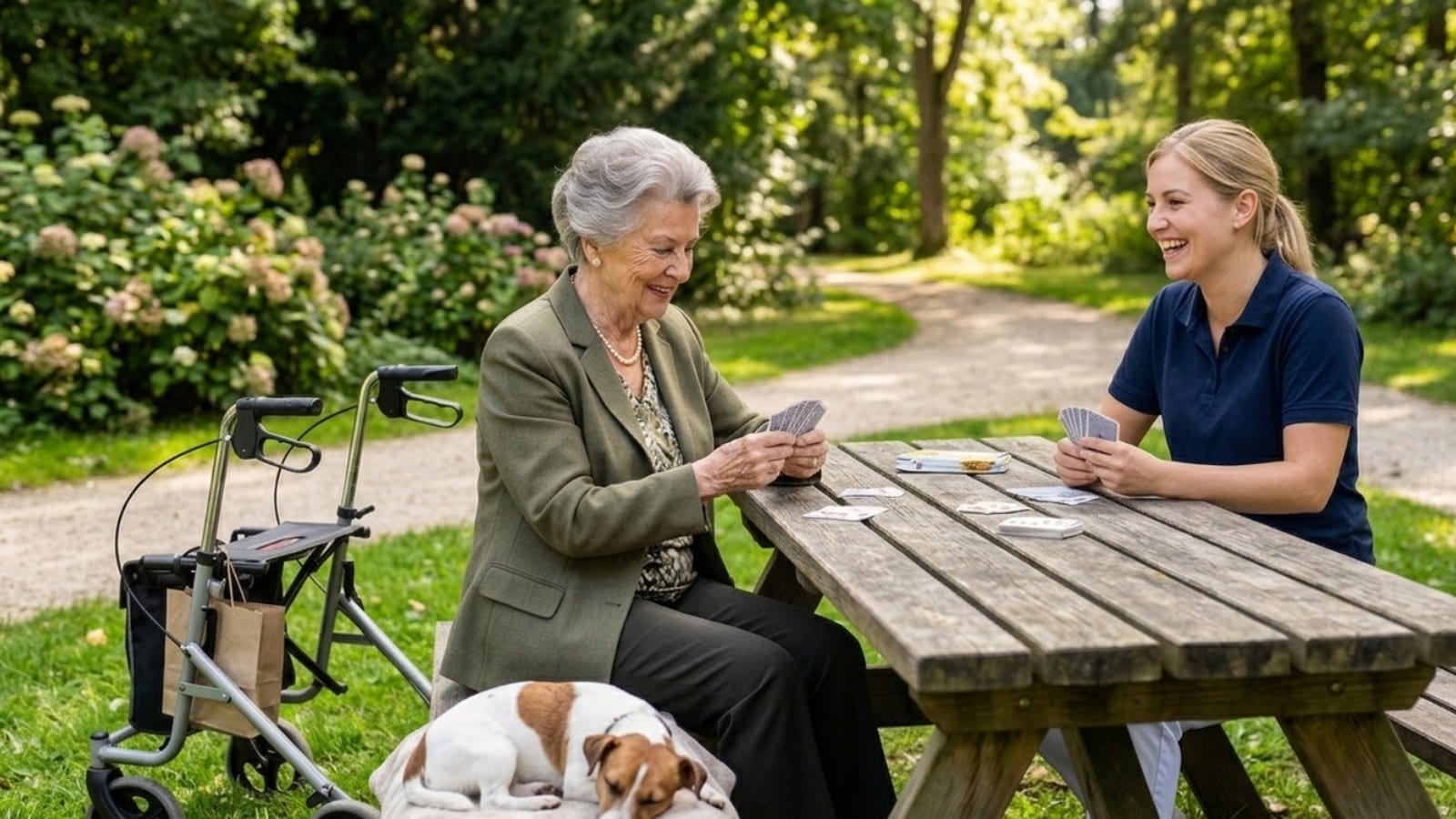 VitaFamilia-Mitarbeiterin spielt Karten mit einer Seniorin im Park