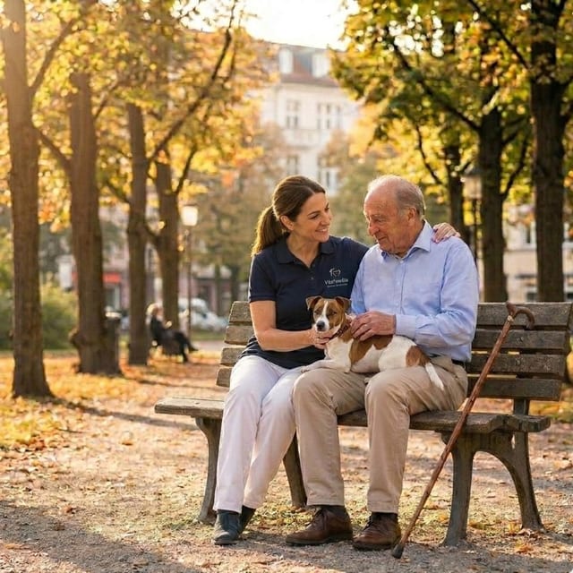 VitaFamilia-Mitarbeiterin sitzt mit einem Senior auf einer Parkbank