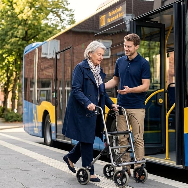 VitaFamilia-Mitarbeiter begleitet eine Seniorin mit Rollator am Linienbus