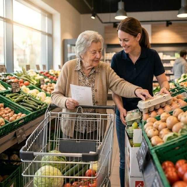 VitaFamilia-Mitarbeiterin hilft einer Seniorin beim Einkauf im Supermarkt